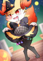 Rule 34 | 1girl, :3, animal ear fluff, animal ears, animal feet, animal hands, animal nose, artist name, black dress, black fur, black hat, blush, braixen, breasts, censored, clothed pokemon, clothes lift, condom, condom wrapper, creatures (company), crescent, crescent earrings, dress, dress lift, drooling, dutch angle, earrings, female focus, fishnets, fox ears, fox girl, fox tail, full body, full moon, furry, furry female, game freak, gen 6 pokemon, groin, half-closed eye, halloween, hands up, happy, hat, heart, heart censor, highres, hinata sakamoto, jack-o&#039;-lantern, jewelry, knees together feet apart, large breasts, leaning forward, legs, lifted by self, mini hat, moon, multicolored fur, nintendo, no panties, open mouth, pigeon-toed, pokemon, pokemon (creature), pumpkin, pussy juice, red eyes, saliva, signature, smile, solo, standing, star (sky), star (symbol), tail, tail raised, thigh strap, thighs, twitter username, uneven eyes, used condom, white fur, witch hat, wooden floor, yellow fur