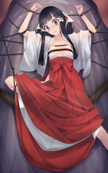 Rule 34 | 1girl, arms up, bdsm, black eyes, black hair, blunt bangs, blush, bondage, bound, bound wrists, breasts, clenched teeth, f-ism, hair ornament, hakama, hakama skirt, highres, japanese clothes, kimono, leg lift, long hair, looking at viewer, miko, murakami suigun, nipples, open clothes, open kimono, open mouth, original, red hakama, rope, see-through, shibari, skirt, small breasts, solo, spread legs, sweat, tears, teeth, twintails, wet, wet clothes, wide-eyed, wide sleeves