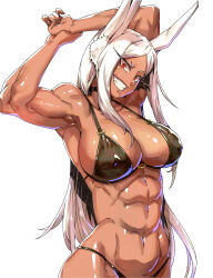Rule 34 | 1girl, abs, absurdres, alternate costume, animal ear fluff, animal ears, armpits, arms up, bikini, black bikini, blue hair, boku no hero academia, breasts, cleavage, commentary, cowboy shot, dark blue hair, english commentary, grey hair, grin, highres, large breasts, long hair, minew, mirko, muscular, muscular female, navel, o-ring, o-ring bikini, o-ring top, rabbit ears, red eyes, shiny skin, simple background, smile, solo, stomach, swimsuit, very long hair, white background