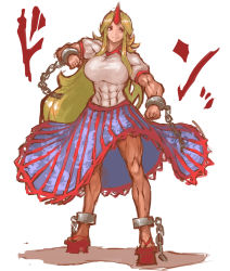 Rule 34 | 1girl, abs, blonde hair, breasts, cuffs, female focus, fighting stance, full body, geta, highres, horns, hoshiguma yuugi, huge breasts, long hair, long skirt, muscular, nameo (judgemasterkou), red eyes, shackles, shirt, single horn, skirt, smile, solo, striped, t-shirt, thick thighs, thighs, touhou, vertical stripes, white background