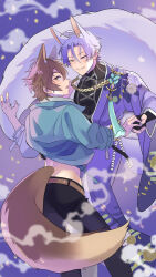 Rule 34 | 2boys, animal ears, blue jacket, brown eyes, brown hair, eiden (nu carnival), falling petals, fox ears, fox tail, heterochromia, holding hands, jacket, japanese clothes, kimono, kuya (nu carnival), looking at another, looking back, male focus, midriff, multiple boys, nu carnival, open mouth, petals, purple kimono, purple nails, ryouma (888), short hair, smile, tail, yaoi