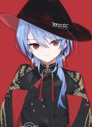 Rule 34 | 1girl, absurdres, black hat, black jacket, black shirt, blue hair, closed mouth, collared shirt, dot nose, earrings, hair between eyes, hair over shoulder, hat, highres, hololive, hoshimachi suisei, hoshimachi suisei (8th costume), hoshimachi suisei (oriental suit), jacket, jewelry, long hair, looking at viewer, low-tied long hair, narukahana, open clothes, open jacket, red background, red eyes, shirt, sidelocks, simple background, smile, solo, tassel, tassel earrings, upper body, virtual youtuber