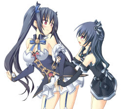 Rule 34 | 10s, 2girls, :d, arm grab, bare shoulders, belt, black gloves, black hair, blue ribbon, blush, breasts, bridal gauntlets, cleavage, cowboy shot, detached collar, dress, elbow gloves, eye contact, female focus, garter straps, gloves, gust, hair ornament, hair ribbon, long hair, looking at another, medium breasts, minagi, multiple girls, naughty face, neck ribbon, neptune (series), nippon ichi, noire (neptunia), open mouth, profile, red eyes, ribbon, sega, siblings, simple background, sisters, smile, standing, twintails, two side up, uni (neptunia), very long hair, white background, yuri