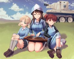 Rule 34 | absurdres, aki (girls und panzer), blonde hair, blush, breasts, brown hair, bt-42, closed mouth, girls und panzer, grass, green eyes, hat, highres, huge filesize, keizoku military uniform, large breasts, mika (girls und panzer), mikko (girls und panzer), military, military uniform, military vehicle, miniskirt, motor vehicle, nico jiang, one eye closed, open mouth, outdoors, pleated skirt, short hair, sitting, skirt, sky, small breasts, smile, tank, twintails, uniform