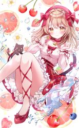 Rule 34 | 1girl, ahoge, bell, black cat, blueberry, bow, breasts, brown eyes, cat, cat tail, cherry, choker, cleavage, commentary request, convenient leg, flower, food, foot out of frame, frilled skirt, frills, fruit, grapefruit, grapefruit slice, heart, high heels, highres, holding, holding food, holding fruit, irono1910, light brown hair, long hair, looking at viewer, medium breasts, neck bell, original, red bow, red skirt, shoes, skirt, solo, strawberry, tail, tail bow, tail ornament, water drop, white flower