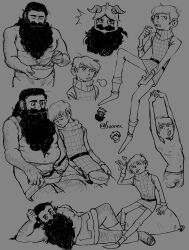 Rule 34 | 2boys, :q, ^^^, absurdres, alternate facial hair, armpit hair, armpit hair peek, bara, beard, belly, bowl, brown hair, chibi, chibi inset, chilchuck tims, collage, comic panel redraw, couple, cropped shoulders, derivative work, dungeon meshi, dwarf, facial hair, fake horns, fat, fat man, from side, goatee stubble, greyscale, hairy, helmet, highres, holding, holding bowl, horned helmet, horns, interracial, leaning to the side, long beard, looking to the side, male focus, monochrome, multiple boys, mustache, mustache stubble, pectorals, senshi (dungeon meshi), sitting, skinny, sleeping, sleeping on person, socvinc, sparse chest hair, stubble, thick leg hair, thick mustache, thick navel hair, tongue, tongue out, topless male, v, very hairy, very long beard, yaoi