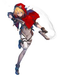 Rule 34 | 1girl, black gloves, blonde hair, blue eyes, bodysuit, cloak, closed mouth, covered navel, deluxe&lt;&lt;&lt;, dual wielding, eyes visible through hair, fingerless gloves, gloves, glowing, gun, hair between eyes, handgun, highres, holding, holding gun, holding weapon, hood, hood up, original, pistol, pouch, red cloak, short hair, simple background, sleeves rolled up, smoke, solo, weapon, white background