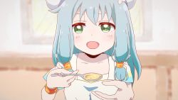 Rule 34 | 1girl, 28meronpan, apron, beret, blue hair, blurry, blurry background, bracer, commentary, endro!, feeding, food, green eyes, hat, incoming food, looking at viewer, meiza endust, pov, solo, soup, spoon