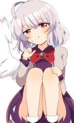Rule 34 | 1girl, banned artist, blush, bow, bowtie, dress, feathered wings, feet out of frame, highres, index finger raised, jacket, kishin sagume, knees up, long sleeves, looking at viewer, purple dress, red bow, single wing, solo, touhou, white wings, wings, zerokosan
