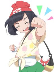 Rule 34 | 1girl, ^ ^, armpits, bag, beanie, black hair, blush, bubukka, clenched hands, closed eyes, creatures (company), game freak, green shorts, hat, nintendo, open mouth, pokemon, pokemon sm, red hat, selene (pokemon), shirt, short hair, short sleeves, shorts, simple background, smile, solo, teeth, tied shirt, upper teeth only, white background, yellow shirt