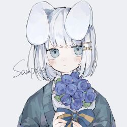 Rule 34 | 1girl, animal ears, aqua sweater, blush, bouquet, bow, closed mouth, commentary, commission, english commentary, fingernails, flower, grey eyes, hair ornament, hairclip, highres, hirominomusi, holding, holding bouquet, leaf, long sleeves, looking at viewer, lop rabbit ears, original, purple bow, purple flower, rabbit ears, sample watermark, short hair, simple background, solo, striped, striped bow, sweater, upper body, watermark, white background, white hair