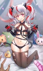 Rule 34 | 1boy, 1girl, :d, azur lane, bikini, black bikini, black gloves, blush, breasts, clothes pull, commentary request, cross, demon girl, demon horns, demon tail, detached collar, elbow gloves, frilled bikini, frills, full body, gloves, grin, head tilt, heart, highleg, highleg bikini, highres, hip focus, horns, indoors, iron cross, just mz (vufh4587), kneeling, knees together feet apart, long hair, looking at viewer, medium breasts, multicolored hair, navel, on bed, open mouth, otto von alvensleben (azur lane), pantyhose, pantyhose pull, pink eyes, pulling own clothes, rabbit-shaped pillow, red eyes, red hair, sex toy, sharp teeth, small breasts, smile, solo focus, strap pull, streaked hair, swimsuit, tail, teasing, teeth, thigh gap, torn clothes, torn pantyhose, twintails, two-tone hair, white hair