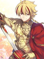 Rule 34 | 1boy, ahoge, armor, avalon (fate/stay night), blonde hair, braid, cape, closed mouth, excalibur (fate/stay night), fate/strange fake, fate (series), gold armor, holding, holding sheath, holding sword, holding weapon, knight, looking at viewer, male focus, multicolored hair, nikame, red cape, red eyes, red hair, richard i (fate), sheath, signature, single braid, smile, solo, sword, weapon