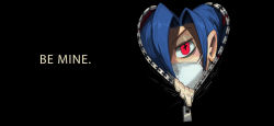 Rule 34 | + +, 1girl, alex ahad, blue hair, cross-shaped pupils, lab zero games, looking at viewer, mask, mouth mask, name connection, official art, red eyes, skullgirls, solo, surgical mask, symbol-shaped pupils, text focus, unzipped, valentine, valentine (skullgirls), yandere, zipper