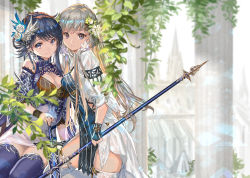 Rule 34 | 2girls, black gloves, black hair, blue eyes, blue thighhighs, braid, breasts, brown eyes, choker, cleavage, day, dress, fingerless gloves, floating hair, flower, gloves, hair between eyes, hair flower, hair ornament, holding, holding weapon, jewelry, long hair, looking at viewer, medium breasts, multiple girls, on one knee, original, outdoors, parted lips, polearm, ran&#039;ou (tamago no kimi), ring, rose, short dress, sideboob, silver hair, sitting, smile, swept bangs, thighhighs, very long hair, weapon, white flower, white legwear, white rose, wrist cuffs