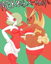 Rule 34 | 2girls, animal ears, ass, bare shoulders, black eyes, breasts, christmas, cleavage, clothes lift, clothes pull, colored sclera, creatures (company), diamond (shape), english text, fur-trimmed skirt, fur trim, furry, game freak, gardevoir, garter straps, gen 3 pokemon, gen 4 pokemon, green background, green hair, hair over one eye, hand on own hip, highres, immortalstar, lifted by self, lingerie, lopunny, medium breasts, miniskirt, multiple girls, navel, nintendo, pokemon, pokemon (creature), pokemon dppt, pokemon rse, rabbit ears, rabbit tail, red background, red eyes, red legwear, red sclera, red skirt, red tube top, short hair, signature, skirt, skirt lift, skirt pull, sleeveless, smile, standing, strapless, tail, text focus, thighhighs, tube top, uncensored, underwear, zettai ryouiki