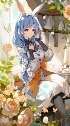 Rule 34 | 1girl, absurdres, akizero1510, animal ear fluff, animal ears, apron, bare shoulders, black bodysuit, black thighhighs, blue hair, blush, bodysuit, braid, braided ponytail, breasts, bug, butterfly, carrot, carrot in pocket, flower, highres, hololive, indoors, insect, large breasts, leotard, long hair, long sleeves, looking at viewer, mature female, multicolored hair, open mouth, pekomama, pink flower, pink rose, playboy bunny, rabbit ears, rabbit girl, rose, short eyebrows, sitting, smile, solo, thighhighs, usada pekora, virtual youtuber, white hair, window