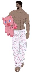 Rule 34 | 1boy, abs, bara, bulge, dark-skinned male, dark skin, doll, facial hair, full body, goatee, heart, heart print, holding, holding doll, huan shi tian tong, large pectorals, looking to the side, male focus, mature male, muscular, muscular male, navel, navel hair, nipples, overwatch, overwatch 1, pajamas, pants, pectorals, reaper (overwatch), scar, scar across eye, scar on face, short hair, sideburns, smile, solo, stomach, stuffed animal, stuffed toy, topless male, white background, white pants