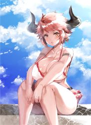 Rule 34 | 1girl, animal ears, bikini, blue sky, blush, breasts, cleavage, cloud, cloudy sky, cow ears, cow horns, day, draph, earrings, eno yukimi, granblue fantasy, highres, horns, huge breasts, jewelry, looking at viewer, outdoors, parted lips, pointy ears, red hair, short hair, sky, solo, sturm (granblue fantasy), swimsuit, yellow eyes