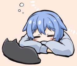 Rule 34 | 1girl, = =, black cat, blue hair, cat, closed eyes, commentary, fujimi nemu, hair between eyes, hair flaps, head rest, highres, kugelschreiber, light blush, long sleeves, onii-chan wa oshimai!, pink background, simple background, squeans, sleeping, solo