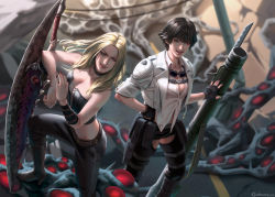 Rule 34 | 2girls, black hair, black legwear, black nails, black pants, blonde hair, breasts, capcom, chaps, choker, cleavage, cropped jacket, devil may cry (series), devil may cry 5, fingerless gloves, gloves, goggles, goggles around neck, hand on own hip, heterochromia, highres, kalina ann (weapon), lady (devil may cry), long hair, multiple girls, nail polish, open mouth, pants, red nails, short hair, short shorts, shorts, smile, sparda (sword), strapless, sword, trish (devil may cry), tube top, weapon, whoareuu