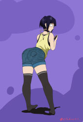 Rule 34 | 1girl, ass, back, bent over, blue hair, boku no hero academia, breasts, denim, denim shorts, earlobes, food, from behind, fruit, full body, gym shirt, highres, holding, jirou kyouka, legs apart, long earlobes, looking at viewer, looking back, open mouth, peach, phone, plug, self-upload, shirt, short hair, short sleeves, shorts, simple background, sleeveless, sleeveless shirt, solo, standing, tank top, theanimegirl, thighhighs, thighs, untucked shirt, yellow shirt
