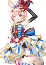 Rule 34 | 1girl, ahoge, animal ear fluff, arm up, armpits, bare shoulders, blonde hair, braid, cowboy shot, dress, elbow gloves, gloves, gold trim, highres, hololive, long hair, looking at viewer, multicolored clothes, multicolored dress, multicolored hair, nail polish, omaru polka, omaru polka (1st costume), open mouth, purple eyes, red gloves, simple background, single braid, single glove, sleeveless, sleeveless dress, smile, solo, streaked hair, striped clothes, striped thighhighs, thighhighs, virtual youtuber, white background, yuano, zettai ryouiki