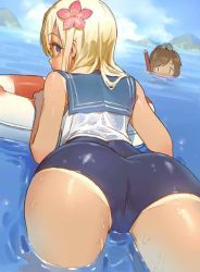 Rule 34 | 10s, artist request, ass, blue eyes, crop top, flower, from behind, i-401 (kancolle), kantai collection, lifebuoy, mountain, ocean, ro-500 (kancolle), school swimsuit, swim ring, swimsuit, tan, tanline, water