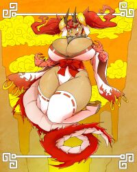 Rule 34 | 1girl, absurdres, bare legs, bare shoulders, blush, breasts, chinese zodiac, claws, cleavage, curvy, dark-skinned female, dark skin, dragon girl, dragon tail, dragoontequila, fang, female focus, full body, highleg, highleg leotard, highres, large breasts, leotard, leotard under clothes, long hair, looking at viewer, monster girl, new year, open mouth, original, red hair, revealing clothes, simple background, sky, solo, tail, tequila (dragoontequila), thighs, thong leotard, twintails, very long hair, year of the dragon, yellow eyes