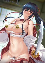 Rule 34 | 1girl, bare shoulders, black hair, blush, breasts, cameltoe, censored, censored nipples, cleavage, closed mouth, collarbone, cowboy shot, dutch angle, female pubic hair, frown, fundoshi, gluteal fold, groin, hair between eyes, hair intakes, hair ribbon, highres, holding, holding sword, holding weapon, indoors, ishigaki takashi, japanese clothes, katana, large breasts, lips, long hair, long sleeves, looking at viewer, midriff, miko, navel, off shoulder, original, page number, paw censor, ponytail, pubic hair, red eyes, ribbon, sarashi, scan, sidelocks, solo, standing, stomach, sweatdrop, sword, tiara, weapon, wide sleeves
