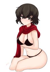 Rule 34 | 1girl, absurdres, aikir (jml5160), bikini, black bikini, blush, breast hold, breasts, brown eyes, brown hair, caesar (girls und panzer), cleavage, closed mouth, commentary, cropped legs, girls und panzer, highres, invisible chair, light frown, looking at viewer, medium breasts, navel, one-hour drawing challenge, red scarf, scarf, short hair, simple background, sitting, sketch, solo, swimsuit, twitter username, white background
