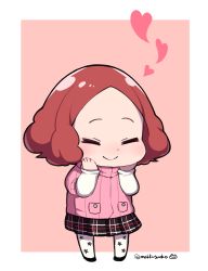 Rule 34 | 10s, 1girl, blush, brown hair, closed eyes, commentary request, do m kaeru, floral print, hands on own cheeks, hands on own face, heart, okumura haru, pantyhose, persona, persona 5, pink sweater, plaid, plaid skirt, ribbed sweater, school uniform, short hair, shuujin academy school uniform, skirt, smile, solo, sweater, twitter username, white pantyhose
