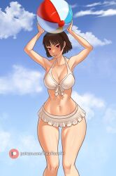 Rule 34 | 1girl, arms up, ball, beachball, breasts, cleavage, female focus, highres, large breasts, looking at viewer, navel, niijima makoto, persona, persona 5, red eyes, short hair, solo, swimsuit, wide hips, xelaroseart