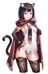 Rule 34 | 1girl, animal ear fluff, animal ears, black hair, black panties, black sleeves, black thighhighs, breasts, bridal gauntlets, cape, cat ears, cat girl, cat tail, closed mouth, cropped legs, detached sleeves, game cg, hair intakes, hand on own hip, highres, hood, hood down, hooded, long sleeves, looking at viewer, medium breasts, panties, print thighhighs, red cape, red eyes, shirt, short hair, side-tie panties, sideboob, sleeveless, sleeveless shirt, slit pupils, solo, standing, tachi-e, tail, thighhighs, transparent background, underwear, white shirt, wish (momentum games)