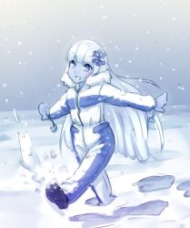Rule 34 | 1girl, :d, aged down, blue eyes, blue skin, blush, child, colored skin, hair ornament, jumpsuit, long hair, mittens, monorus, monster girl, monster girl encyclopedia, open mouth, outstretched arms, smile, snow, snowflake hair ornament, snowing, solo, very long hair, walking, white hair, yuki onna, yuki onna (monster girl encyclopedia)