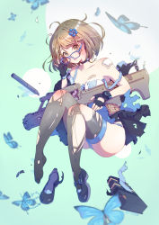 Rule 34 | 1girl, aqua background, ass, assault rifle, bandaid, bandaid on breast, black skirt, blue-framed eyewear, blue butterfly, blue panties, bra, breasts, brown eyes, brown hair, bug, bullpup, butterfly, choker, cleavage, commentary request, damaged, fingerless gloves, full body, girls&#039; frontline, glasses, gloves, gun, hair ornament, highres, insect, looking at viewer, medium breasts, messy hair, off shoulder, panties, rifle, sakurapiyo2, sar-21 (girls&#039; frontline), sar 21, shoes, short hair, skirt, solo, suppressor, thighhighs, torn clothes, torn skirt, torn thighhighs, underwear, unworn shoe, unworn shoes, weapon