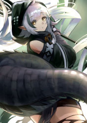 Rule 34 | 1girl, absurdres, arknights, black thighhighs, commentary request, crocodilian tail, gloves, goggles, goggles around neck, grey gloves, highres, holding, holding staff, hood, hood up, looking at viewer, nnicoinu, pointy ears, silver hair, staff, tail, thighhighs, tomimi (arknights), torn clothes, torn legwear, yellow eyes