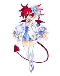 Rule 34 | 1girl, alternate costume, asymmetrical footwear, blue footwear, bow, demon girl, demon tail, demon wings, detached collar, detached sleeves, disgaea, disgaea rpg, dress, earrings, etna (disgaea), flat chest, full body, hair bow, highres, jewelry, layered sleeves, long hair, mismatched footwear, official art, open mouth, popped collar, red eyes, red hair, saint etna, short dress, simple background, slit pupils, solo, strapless, strapless dress, tail, thighhighs, transparent background, twintails, white background, white thighhighs, wings