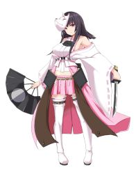 Rule 34 | 1girl, bare shoulders, black hair, boots, breasts, detached sleeves, hand fan, fox mask, full body, holding, holding fan, holding weapon, japanese clothes, kichihachi, kubota (oshiro project), large breasts, long hair, looking at viewer, mask, midriff, nontraditional miko, oshiro project:re, oshiro project:re, pink skirt, pleated skirt, purple eyes, short sword, skirt, sword, thigh boots, thighhighs, transparent background, weapon