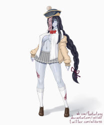 Rule 34 | 1girl, :o, absurdres, black hair, blue skin, blush, bow, bowtie, braid, braided ponytail, breasts, brown footwear, cleavage, colored skin, covered erect nipples, full body, green eyes, grey skin, hat, highres, jacket, jiangshi, jiangshi (monster girl encyclopedia), large breasts, long hair, looking at viewer, monster girl encyclopedia, monster girl encyclopedia ii, ofuda, ofuda on head, ofuda on leg, open clothes, open shirt, pleated skirt, qingdai guanmao, red bow, red bowtie, revealing clothes, school uniform, shirt, sidelocks, skirt, sleeves past wrists, socks, solo, standing, talisman, undead, valldor, very long hair, white shirt