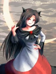 Rule 34 | 1girl, animal ears, bare shoulders, blush, breasts, brooch, brown hair, collarbone, crescent moon, dress, fingernails, hand on own hip, hands on own hips, honyacchi, imaizumi kagerou, jewelry, long hair, medium breasts, moon, nail polish, open mouth, red eyes, solo, touhou, very long hair, wolf ears