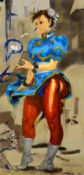 Rule 34 | 1girl, boots, brown hair, bug, butterfly, capcom, china dress, chinese clothes, chun-li, dress, highres, insect, street fighter, thick thighs, thighs