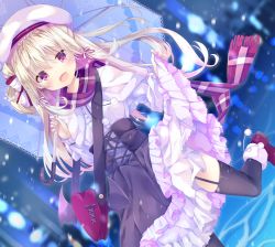 Rule 34 | 1girl, bag, blonde hair, blurry, blurry background, braid, capelet, clothes lift, dutch angle, fang, frilled skirt, frills, garter straps, gothic lolita, hat, heart, highres, kinokomushi, lifting own clothes, lolita fashion, long hair, looking at viewer, open mouth, original, outdoors, red eyes, running, scarf, skirt, skirt lift, snowing, solo, thighhighs, umbrella