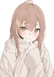 Rule 34 | 1girl, ahoge, blush, brown eyes, brown hair, brown hoodie, crossed bangs, highres, hololive, hololive english, hood, hoodie, long hair, looking at viewer, multicolored hair, nanashi mumei, nanashi mumei (casual), official alternate costume, oversized clothes, sleeves past wrists, smile, streaked hair, unoimy, upper body, virtual youtuber, wide sleeves
