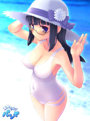 Rule 34 | 1girl, aoi kumiko, arin, black hair, blue eyes, breasts, casual one-piece swimsuit, cleavage, covered erect nipples, glasses, hand on headwear, hat, navel, one-piece swimsuit, outdoors, pangya, solo, straw hat, sun hat, swimsuit, water, waving