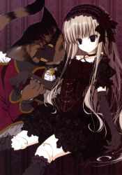 Rule 34 | 1girl, absurdres, black thighhighs, blue eyes, cat, doll joints, elbow gloves, eyepatch, frilled thighhighs, frills, giant cat, gloves, grey hair, headband, heart, heart eyepatch, highres, inugami kira, joints, lolita fashion, long hair, thighhighs, very long hair