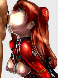 Rule 34 | 1girl, arms behind back, bad id, bad pixiv id, bdsm, blue eyes, bondage, bound, bound arms, breast bondage, breasts, breasts out, brown hair, censored, cum, cum in mouth, cum overflow, deepthroat, dodai shouji, fellatio, hair ornament, hetero, highres, large areolae, long hair, mouthful, neon genesis evangelion, oral, penis, plugsuit, pointless censoring, shibari, simple background, souryuu asuka langley, twintails