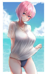 Rule 34 | 1girl, absurdres, arm behind back, blouse, blue eyes, blue one-piece swimsuit, blue sky, blurry, blurry background, blush, breasts, caustics, clothes lift, cloud, collarbone, colored eyelashes, commentary request, cowboy shot, day, embarrassed, go-toubun no hanayome, hair between eyes, head tilt, highres, large breasts, legs apart, lifted by self, looking at viewer, nakano ichika, one-piece swimsuit, outdoors, outside border, parted bangs, pink hair, poisonousgas, see-through, shirt, shirt lift, short hair, short sleeves, sky, smile, solo, standing, swimsuit, swimsuit under clothes, taut clothes, taut shirt, thighs, water, white shirt