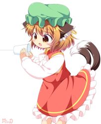 Rule 34 | 1girl, animal ears, brown eyes, brown hair, cat ears, cat tail, chen, commentary request, earrings, fang, green hat, hat, jewelry, long sleeves, mob cap, multiple tails, nekomata, open mouth, pila-pela, short hair, single earring, solo, string phone, tail, touhou, two tails