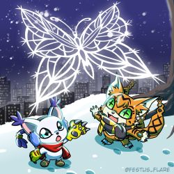Rule 34 | 2girls, bug, butterfly, cat, digimon, gloves, green eyes, highres, insect, meicoomon, multiple girls, snow, tailmon